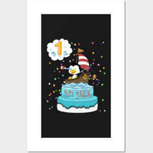 First Birthday Penguin with a boat Posters and Art